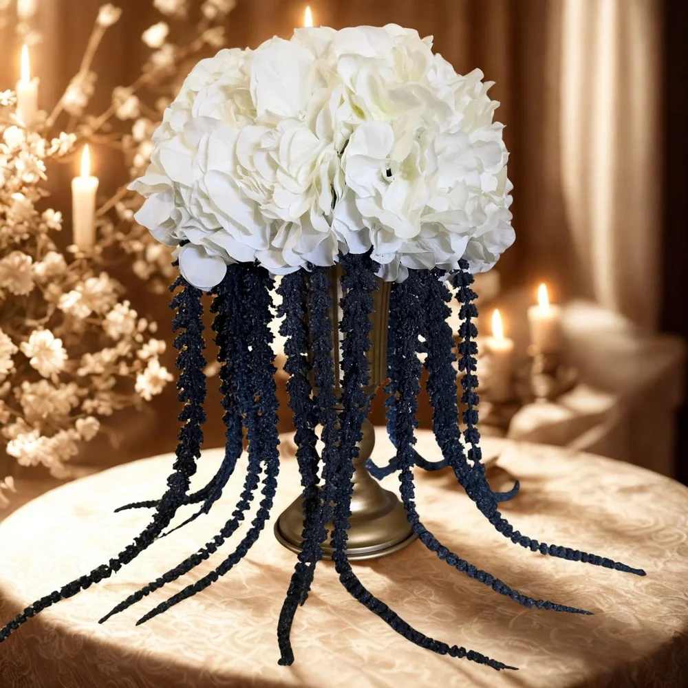 White Hydrangea and Blue Cascading Floral Centerpiece Arrangement in‎ Gold Urn
